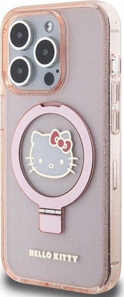 Kuti telefoni Hello Kitty për iPhone 15 Pro, me ring stand, me shkëlqim, rozë