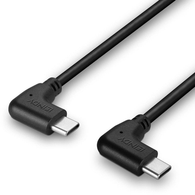 Kабел USB C Lindy 0.5m, USB 2.0, агол 90°, црн