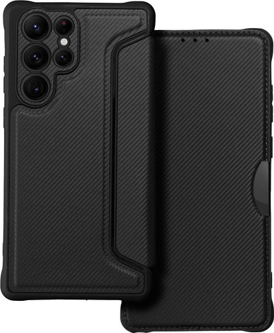 Mbulesë flip OEM Razor Book për Samsung S22 Ultra, efekt karbon, me mbyllje magnetike, e zezë