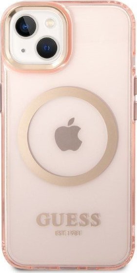 Mbulesë telefoni Guess GUHMP14SHTCMP për iPhone 14, MagSafe, rozë transparente me kornizë ari