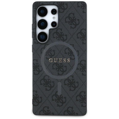 Kuti mbrojtëse Guess 4G Ring Classic Logo për Samsung Galaxy S25 Ultra, lëkurë, MagSafe, e zezë