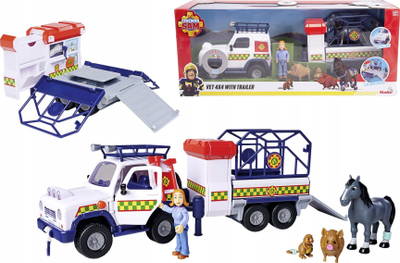 Set lodër Fireman Sam Veterinary Rescue, makinë shpëtimi me rimorkio, me figura