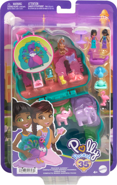 Set loje Mattel Polly Pocket Peacock Garden Compact, me kukulla dhe aksesorë, shumëngjyrësh