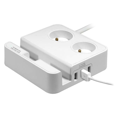 Kabllo vazhduese Logo me mbajtëse telefoni, 2 priza, 3 x USB, e bardhë
