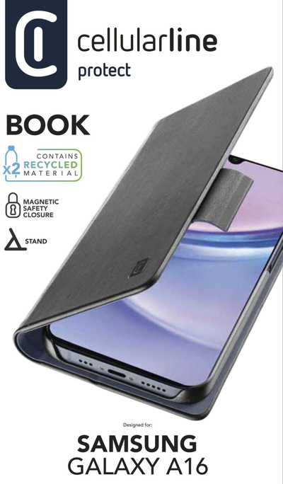 Заштитна корица Cellularline Book Case за Samsung Galaxy A16 4G 5G, со капак како книга, со држач за картичка, црна