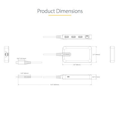 Hub USB C StarTech 3 porta, Gigabit Ethernet, USB 3.0 5Gbps, gri