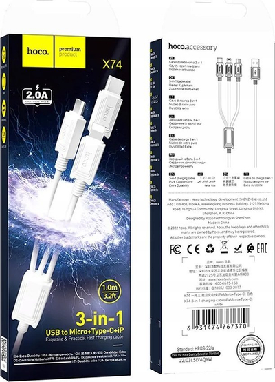Kabllo Hoco X74 3‑në‑1 USB A në Lightning, Micro USB, Type‑C, 2A, 1m, e bardhë