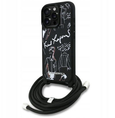 Kapak telefoni Karl Lagerfeld Crossbody, për iPhone 16 Pro Max, lëkurë Saffiano, i zi