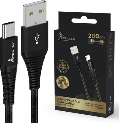 Kabllo USB Extralink USB A në USB C, 2 m, 15W 3A, e zezë