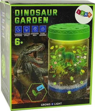 Set kreativ Lean Dinosaur Garden, kopsht dinosauri në kavanoz, me drita që ndriçojnë në errësirë, me kapak jeshil