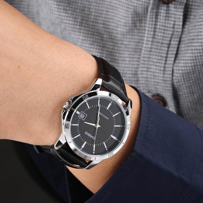 Ora dore për meshkuj analog, çelik inox, rrip lëkure, e zezë