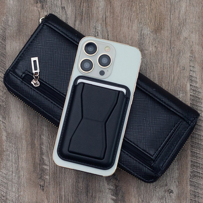 Mbajtëse kartash për telefon Hello Case, me bazë stand universale, e zezë