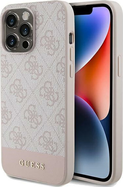 Mbulesë telefoni Guess 4G Stripe Collection për iPhone 14 Pro, lëkurë eko, rozë