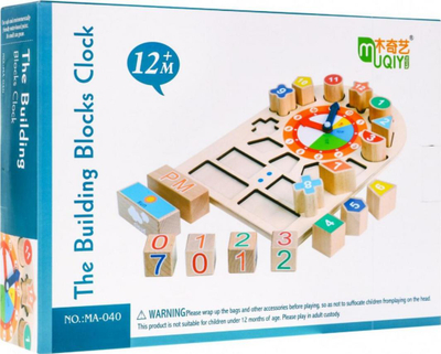 Lodër edukative druri Muqiy The Building Blocks Clock, orë dhe kalendar, shumëngjyrëshe