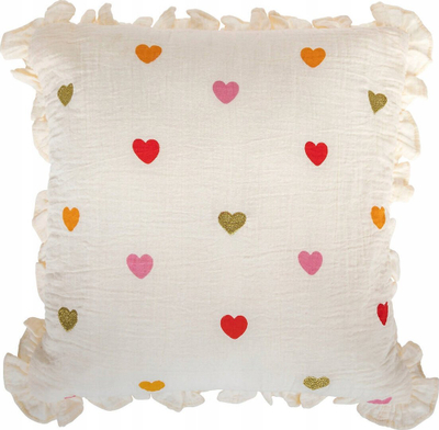 Jastëk dekori Ruffled Cushion With Love Hearts, 40 x 40 cm, pambuk, krem me zemra shumëngjyrëshe