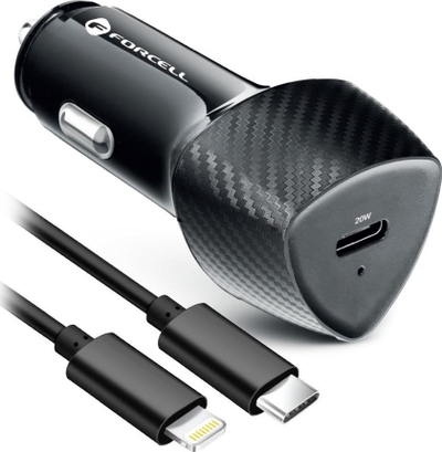 Полнач за автомобил Forcell Carbon, USB C PD 20W, со кабел Lightning, црн