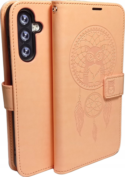 Futrollë libri MEZZO për Samsung Galaxy A55 5G, me figurë dreamcatcher, me xhepa për karta, ngjyrë peach fuzz