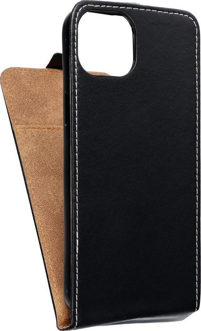 Mbulesë flip Futera Slim Flexi për iPhone 15 Plus, eko lëkurë, mbyllje magnetike, e zezë