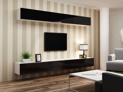 Komodë TV Cama Meble Vigo 140, 140 cm, me dyer, e bardhë e zezë me shkëlqim