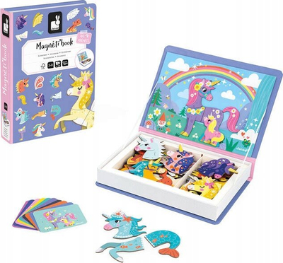Lojë magnetike edukative Janod MagnetiBook Unicorns, 44 magnetë, 10 karta modeli, shumëngjyrëshe