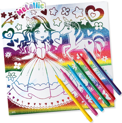 Set ngjyrosjeje SES Creative 01150 Metallic Colouring Canvas, kanavacë me princeshë dhe unikorn, me shkumsa me ngjyra, shumëngjyrësh