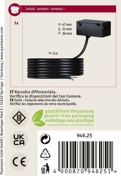 Adapter varëse Paulmann ULine Power Feed, 2 m, i zi