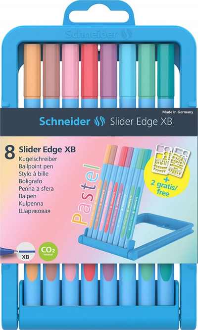 Set stilolapsash Schneider Slider Edge Pastel XB, majë 1.4 mm, 8 copë, trup blu i çelët, bojë me ngjyra të përziera