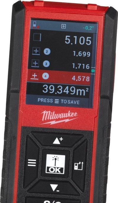 Matës distance me lazer Milwaukee 4933459278, ekran me ngjyra, trup i fortë me gomë, i kuq e zi