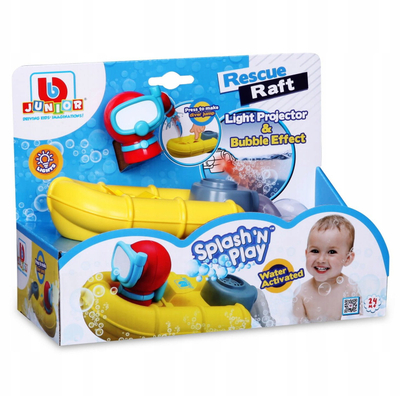 Lodër varke për vaskë Bburago BB Junior Splash N Play Rescue Raft, me drita, efekt flluskash, e verdhë