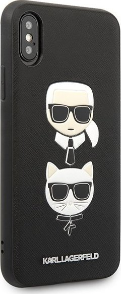 Kapak telefoni Karl Lagerfeld KLHCPXSAKICKCBK për iPhone X / XS, hardcase Saffiano Ikonik Karl dhe Choupette, i zi
