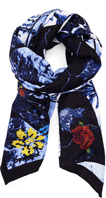 Shall për femra Desigual Denim Flowers Rectangle, i kaltër