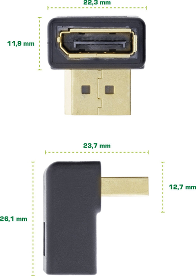 Adapter DisplayPort InLine, mashkull/femër, me kënd poshtë
