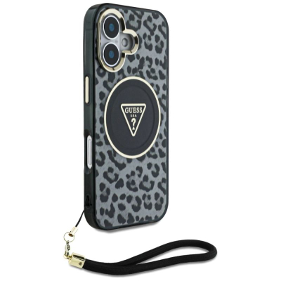 Keis telefoni Guess Leopard Triangle Cord Strap për iPhone 16, MagSafe, me rrip dore, i zi