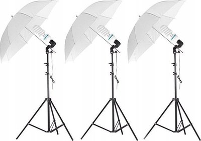 Set ndriçimi studio Massa Lighting Type 2, 3x85W 5500K, me stativ dhe çadër, e bardhë