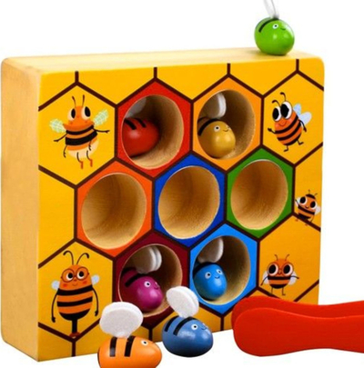 Lodër dru edukative Kruzzel Honeycomb, lojë me bletë dhe piskatore, shumëngjyrëshe