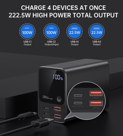 Powerbank Choetech B635BK, 27000mAh, 4 porta USB, i zi