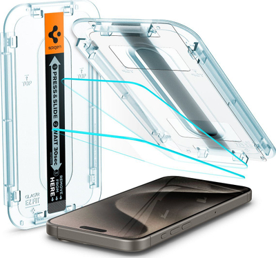 Заштитно стакло Spigen Glas.TR EZ Fit за iPhone 15 Pro, калено стакло, сет 2 парчиња, проѕирно