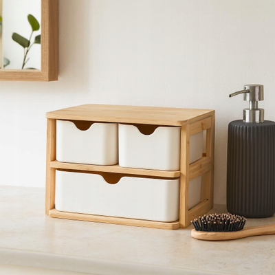 Organizues banjoje Bathroom Solutions LADEN, bambu, 3 sirtarë, 19.5 x 15 cm, bezhë