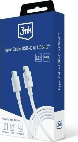 Kabllo kariku 3MK Hyper USB C në USB C, 1.2m, 100W, e bardhë