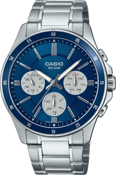 Orë dore Casio MTP-1374D-2A3V, kronograf, çelik inox, blu