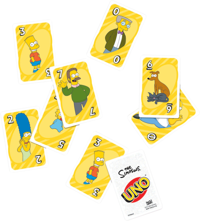 Loja me letra Mattel UNO The Simpsons, për kalamaj dhe të rritur, set për tu mbledh, shumëngjyrëshe