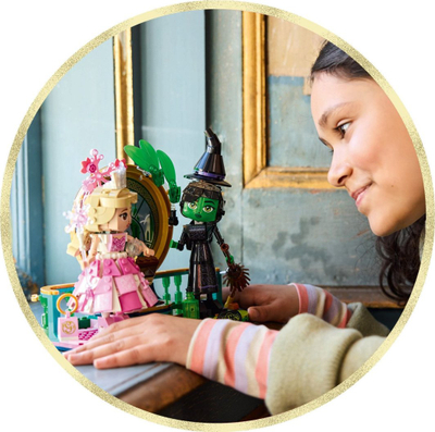 Set figurina ndërtuese Elphaba dhe Glinda, lodra koleksionare, shumëngjyrëshe