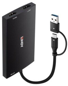 Konvertues video Lindy 43430, USB A USB C në 2x HDMI, 4K 60Hz, i zi