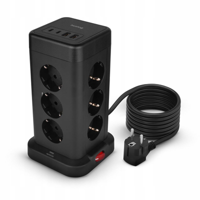 Priza vertikale Huslog, 8 dalje, 4 porta USB, 1.8m, e zezë