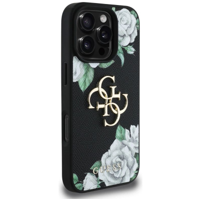 Kuti telefoni Guess Grained Roses Big 4G Logo për iPhone 16 Pro, me lule, e zezë