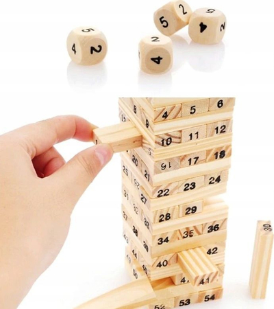 Lojë druri Jenga Wiss Toy GR0090, 54 kube, me zare druri, ngjyrë druri natyrale