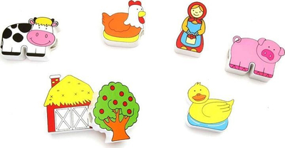 Дрвена врзувачка играчка Вига Lacing Blocks Farm, 12 блокчиња, за деца 3+ години, многубојна