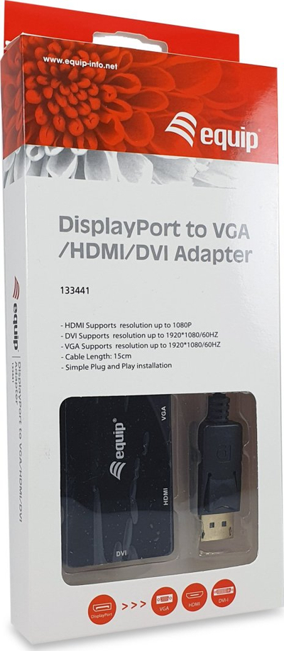 Adaptues DisplayPort në VGA HDMI DVI Equip, Full HD 1080p, i zi