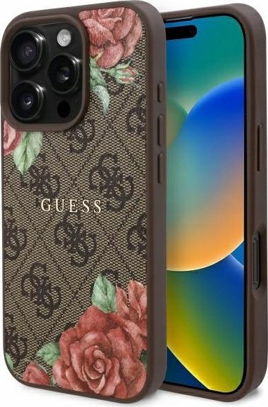 Kapak telefoni Guess 4G Flowers Print MagSafe, për iPhone 16 Pro, kafe