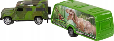 Set lodër Jeep me rimorkio dinosaurësh, mekanizëm pull back, metal dhe plastikë, shumëngjyrësh